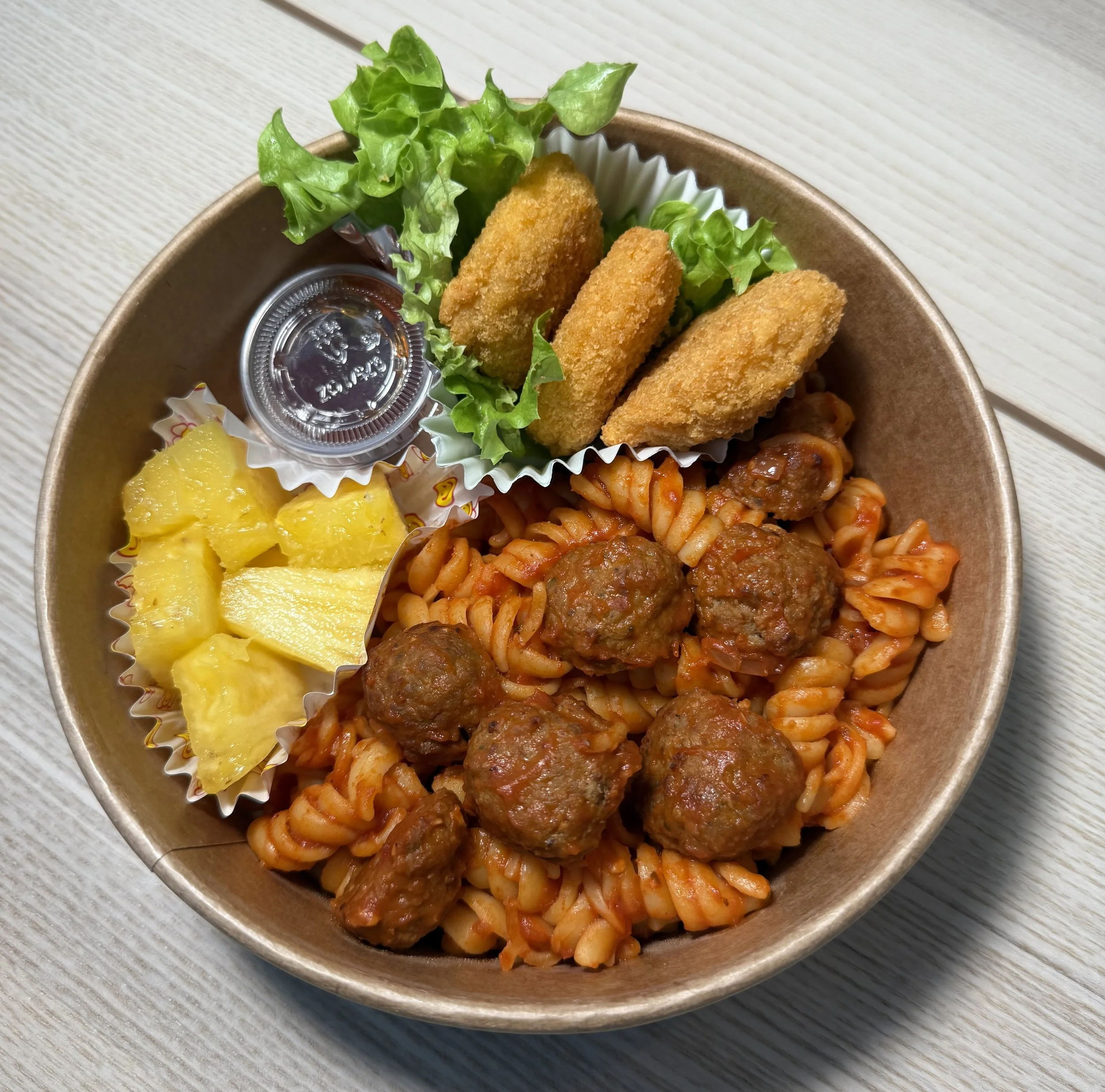 Fruit + Meatball Pasta + Chicken nuggets