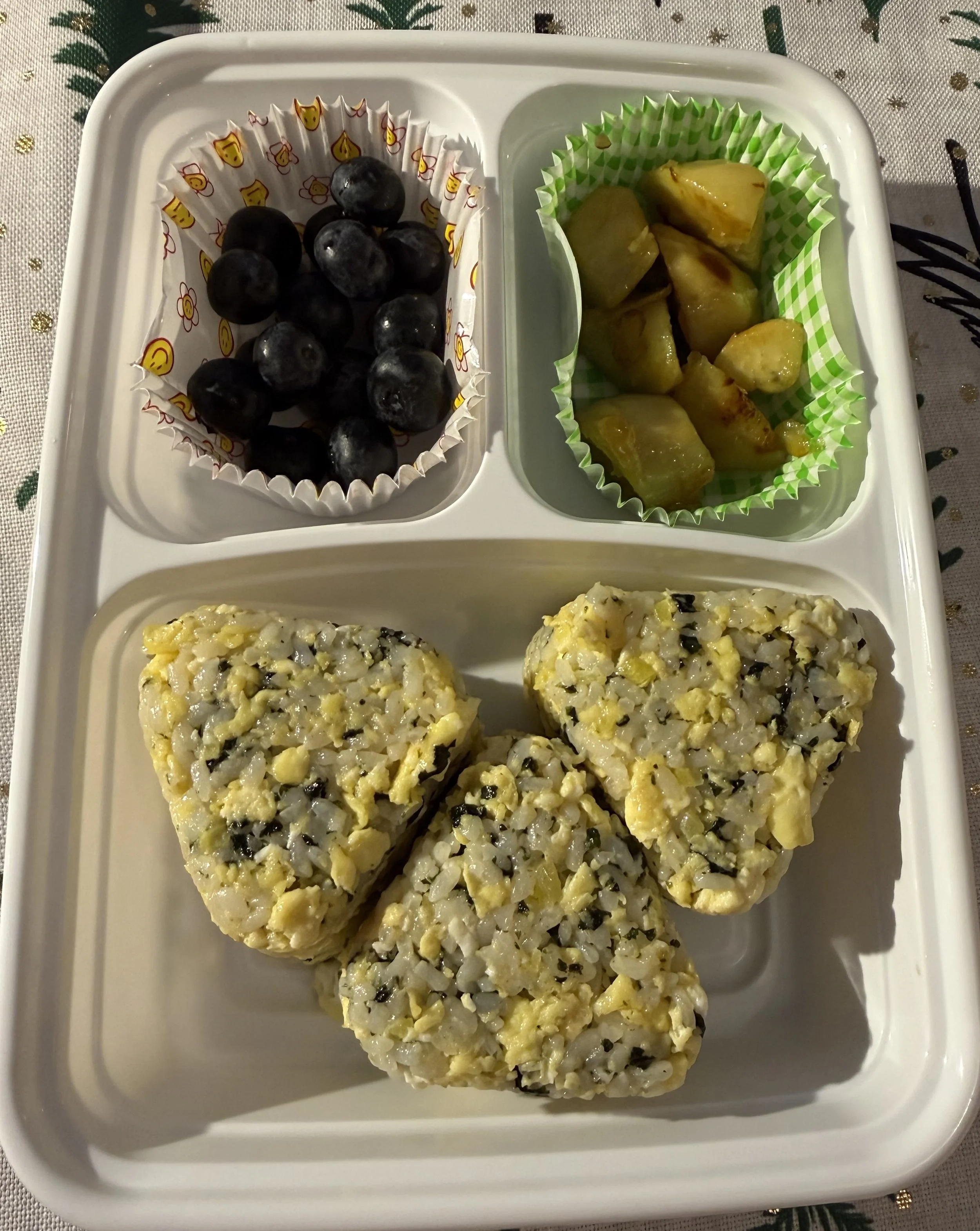 Fruit + Egg Onigiris + Glazed Sweet Potatoes