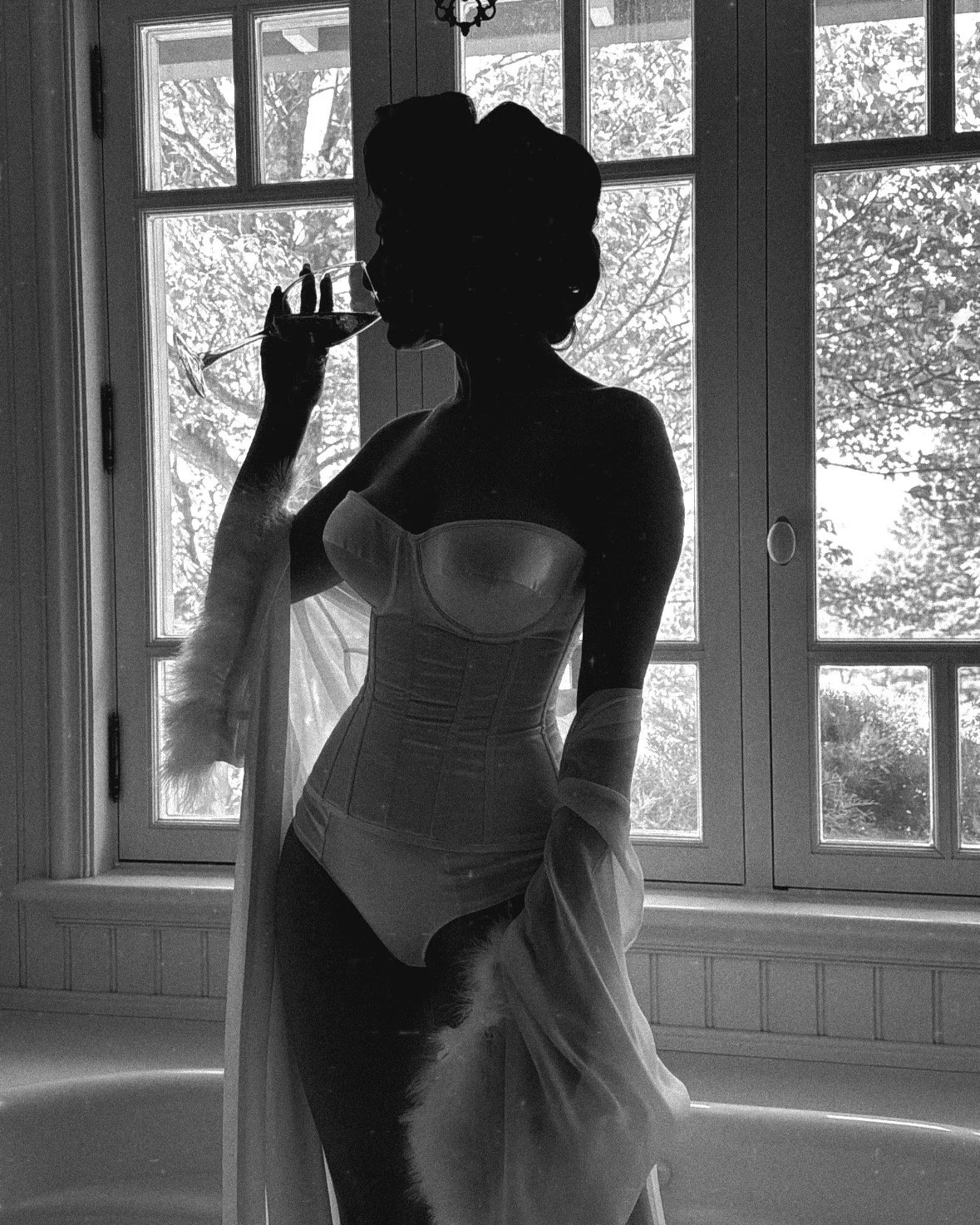 Silhouette of a woman in vintage lingerie and a fur cape, drinking wine in front of a large window with trees outside.