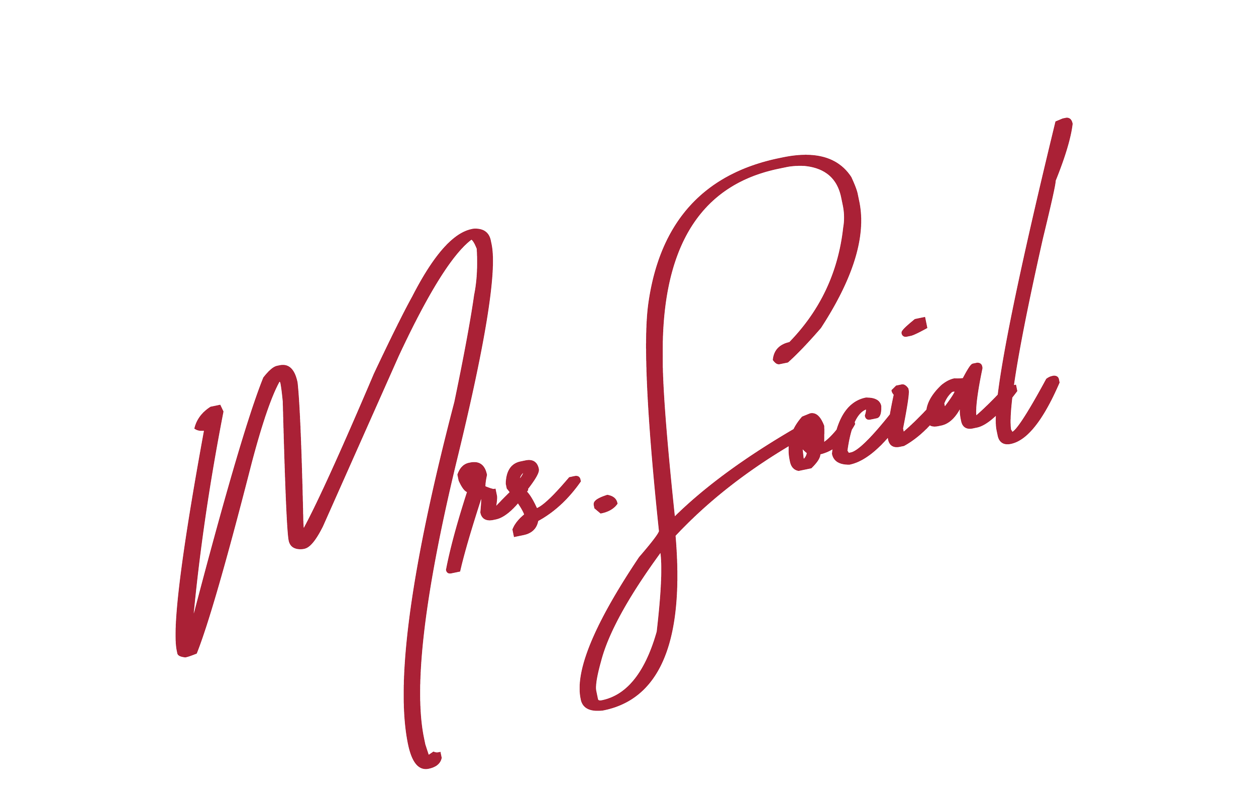 The logo features the text 'Mrs. Social' in a flowing, cursive style with a dark red color.