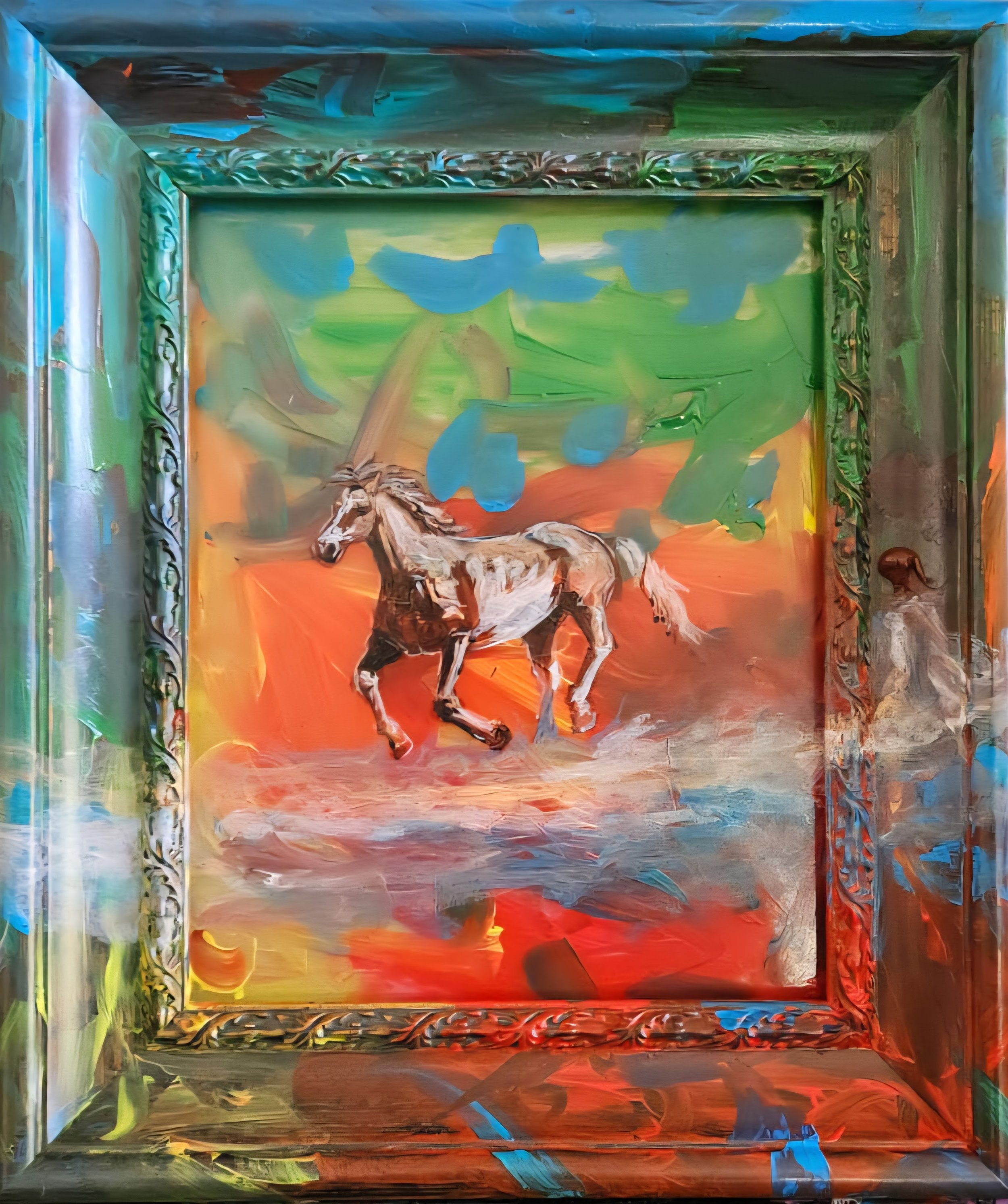 Painting of a bird standing near a body of water with green foliage and blue flowers in the background, framed with a decorative border.