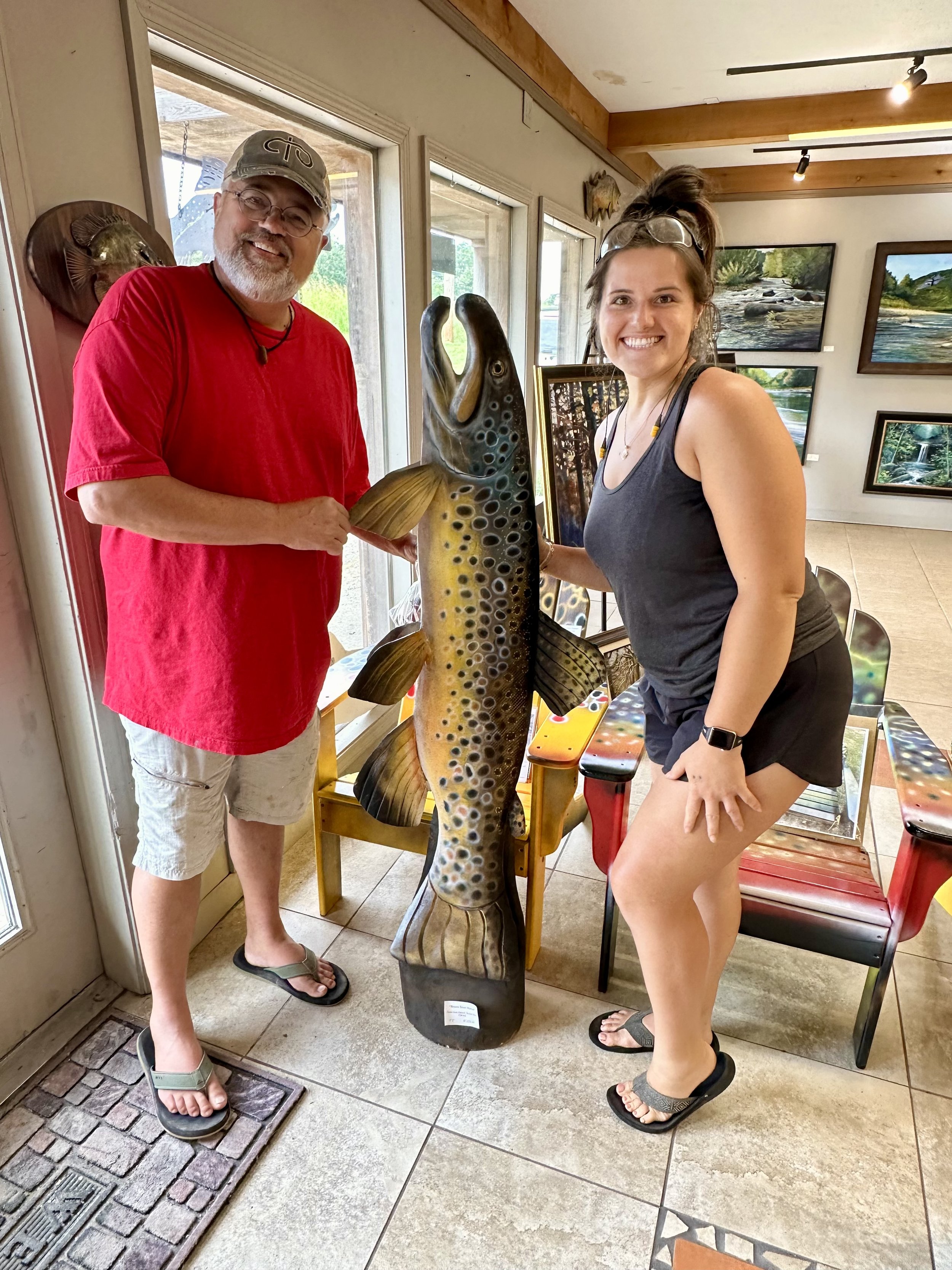 5’2" Vertical Brown Trout Sculpture!
Carved by Rachael and painted by Duane Hada in a collaboration!
Currently Available for $6,575.00 at Rivertown Gallery in Mountain Home, Arkansas.
Delivery can be arranged.