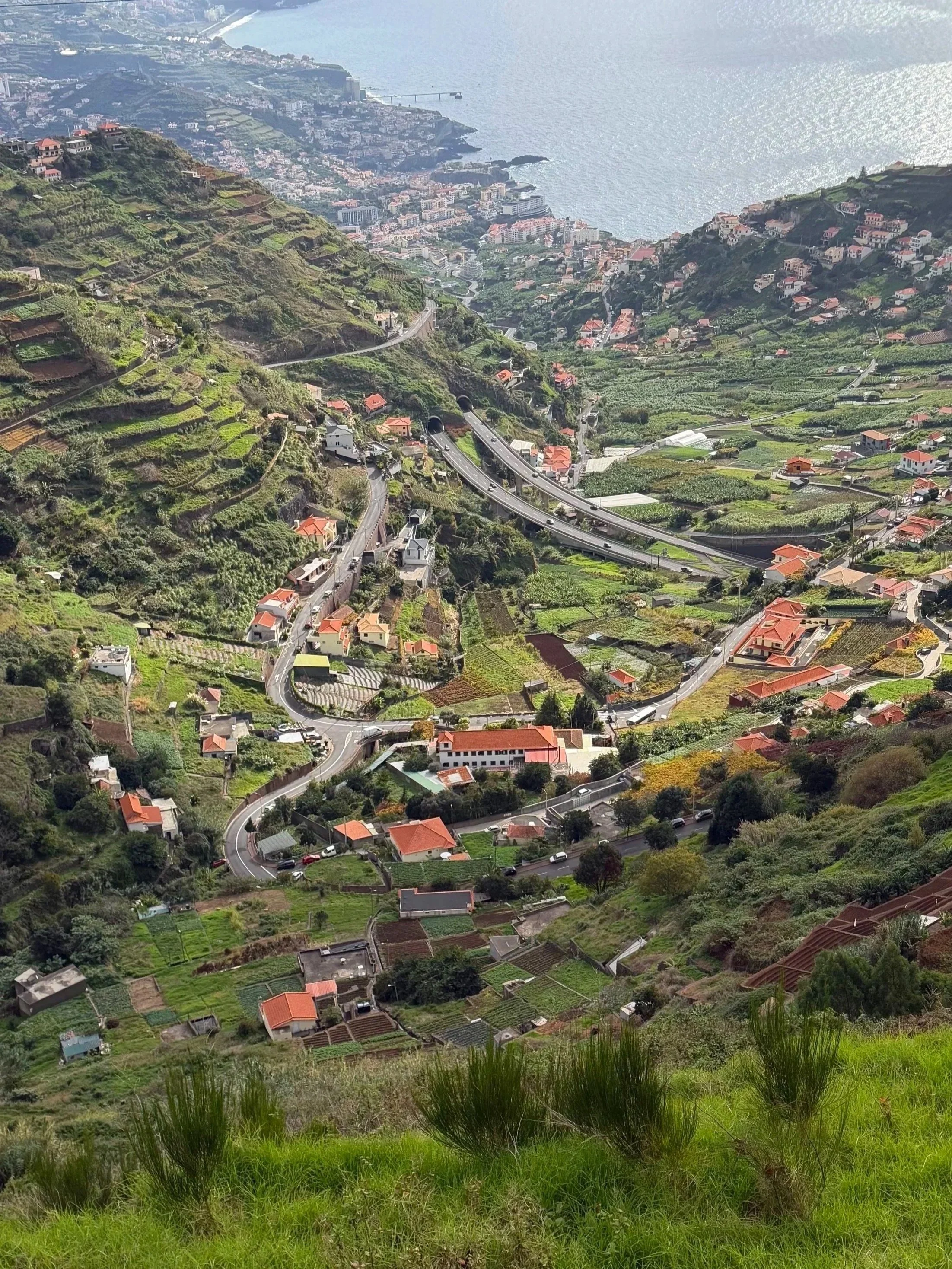 A hilly landscape with winding roads, houses with red roofs, green terraces, and a distant view of the ocean.