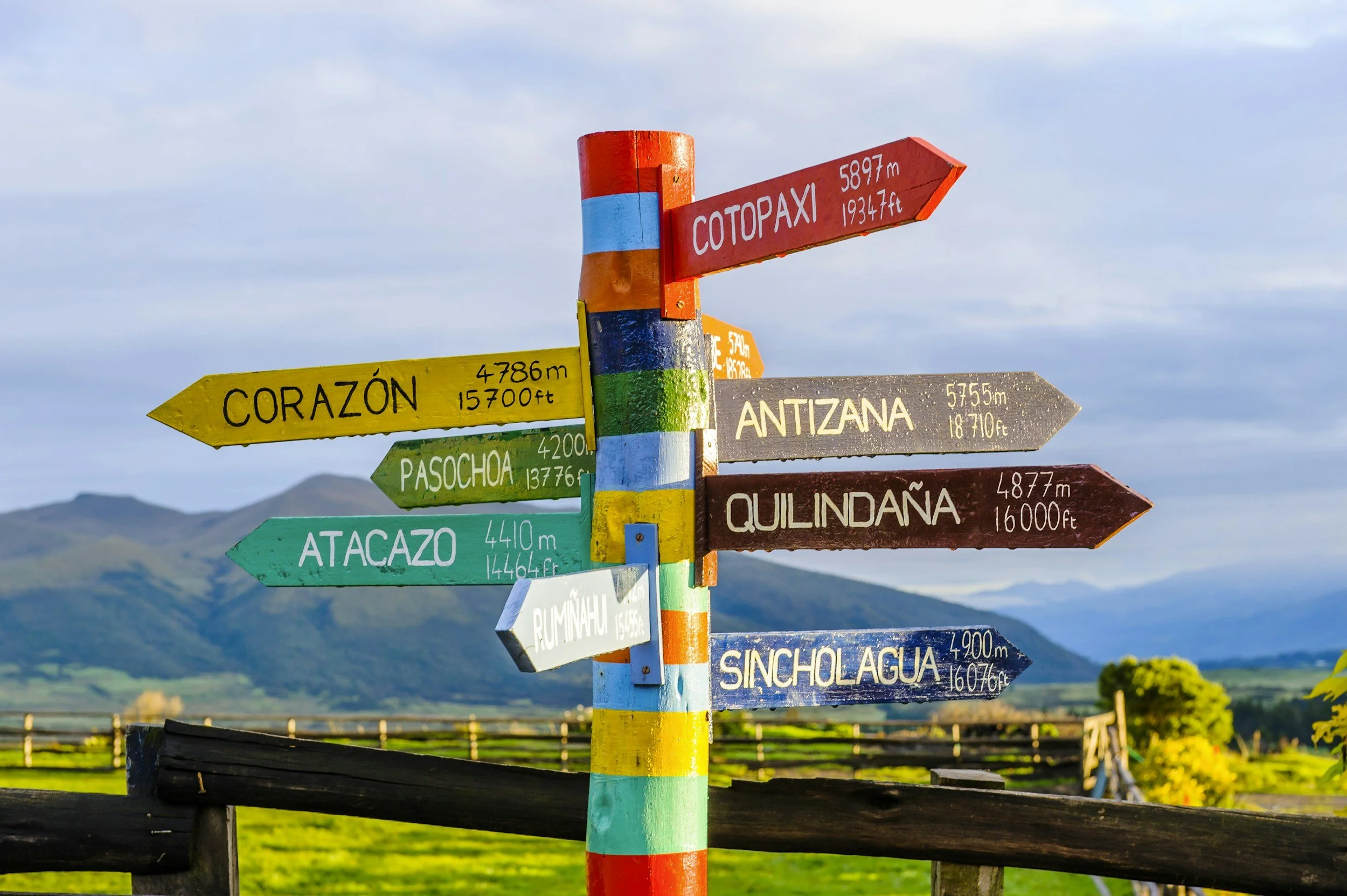 Colorful signpost with multiple directional signs in a grassy outdoor area with distant mountains and blue sky.