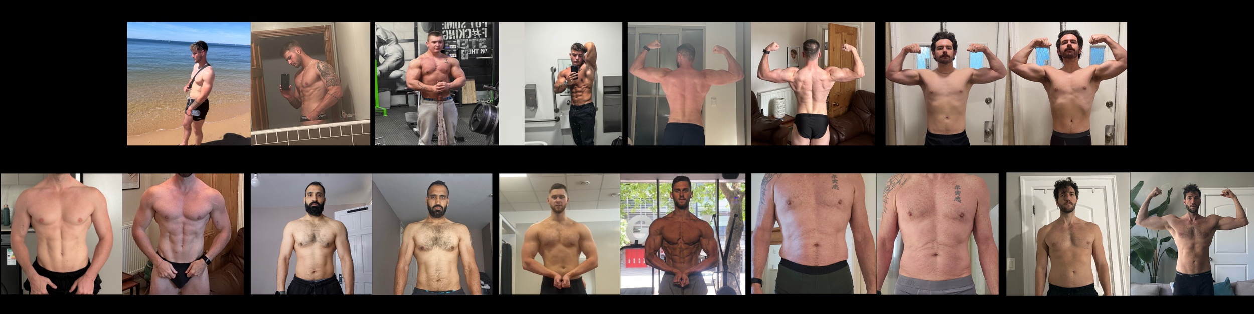 Collage of shirtless men in various poses, indoor and outdoor settings, including some flexing and taking selfies.