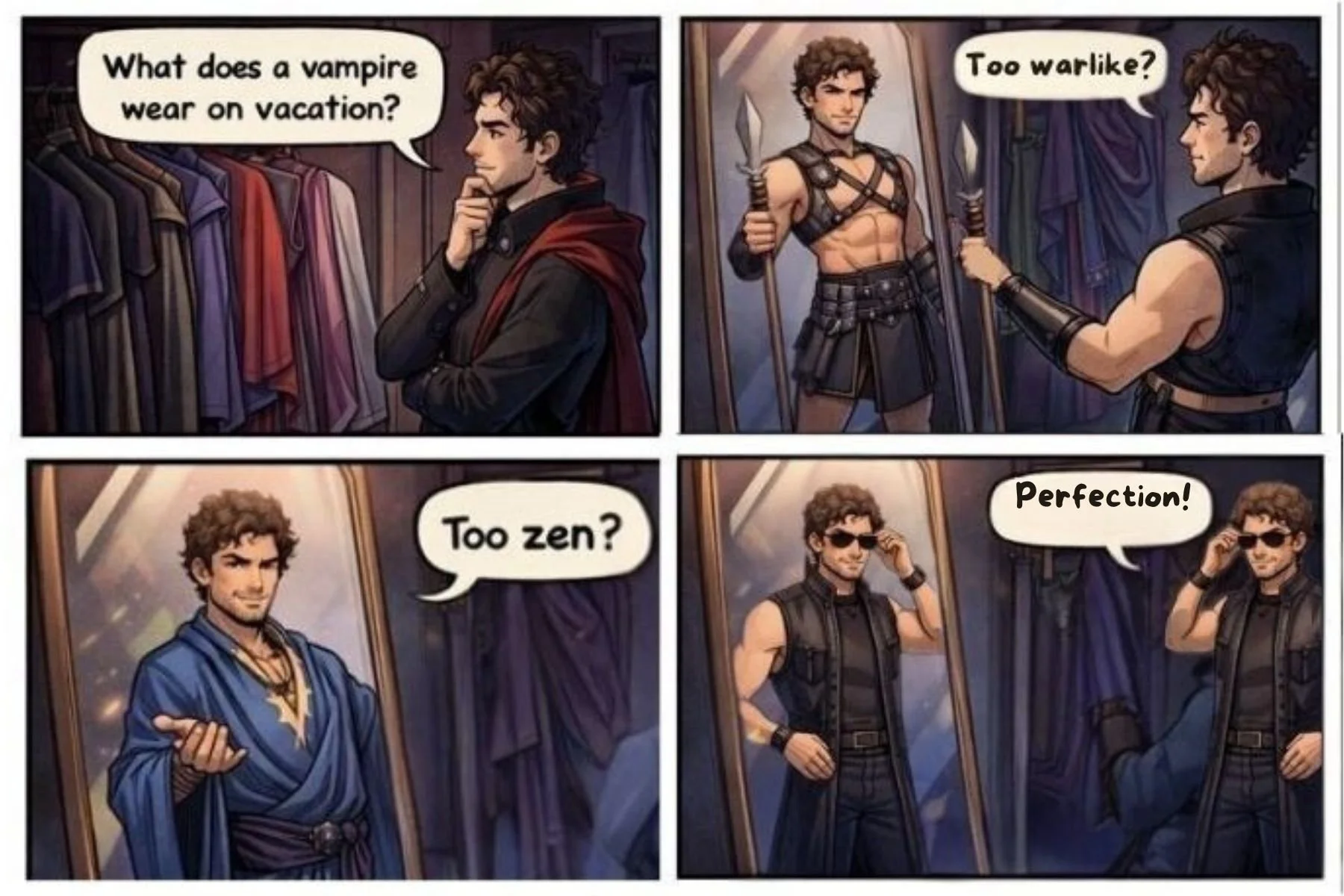 A comic strip illustrating some summer wardrobe options to facilitate impersonating a vampire.