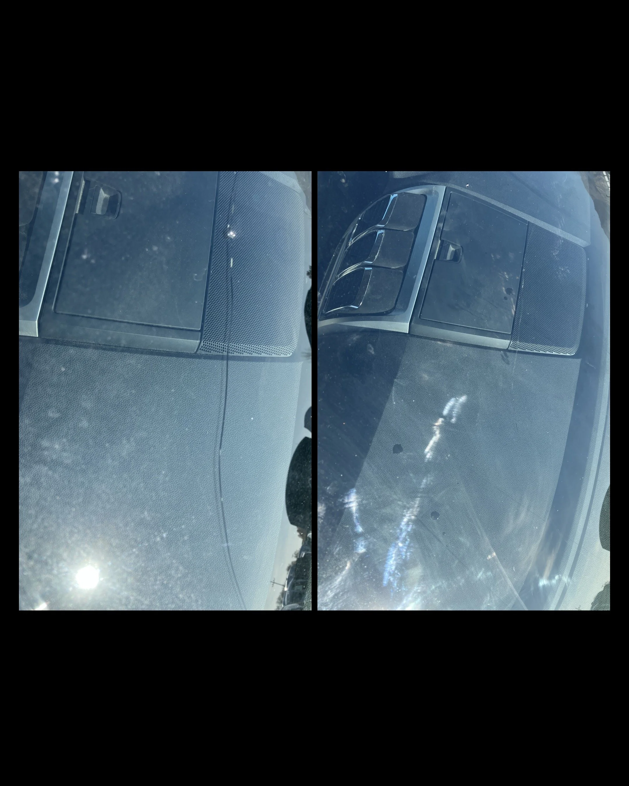 Before and after photo of a windshield crack repair