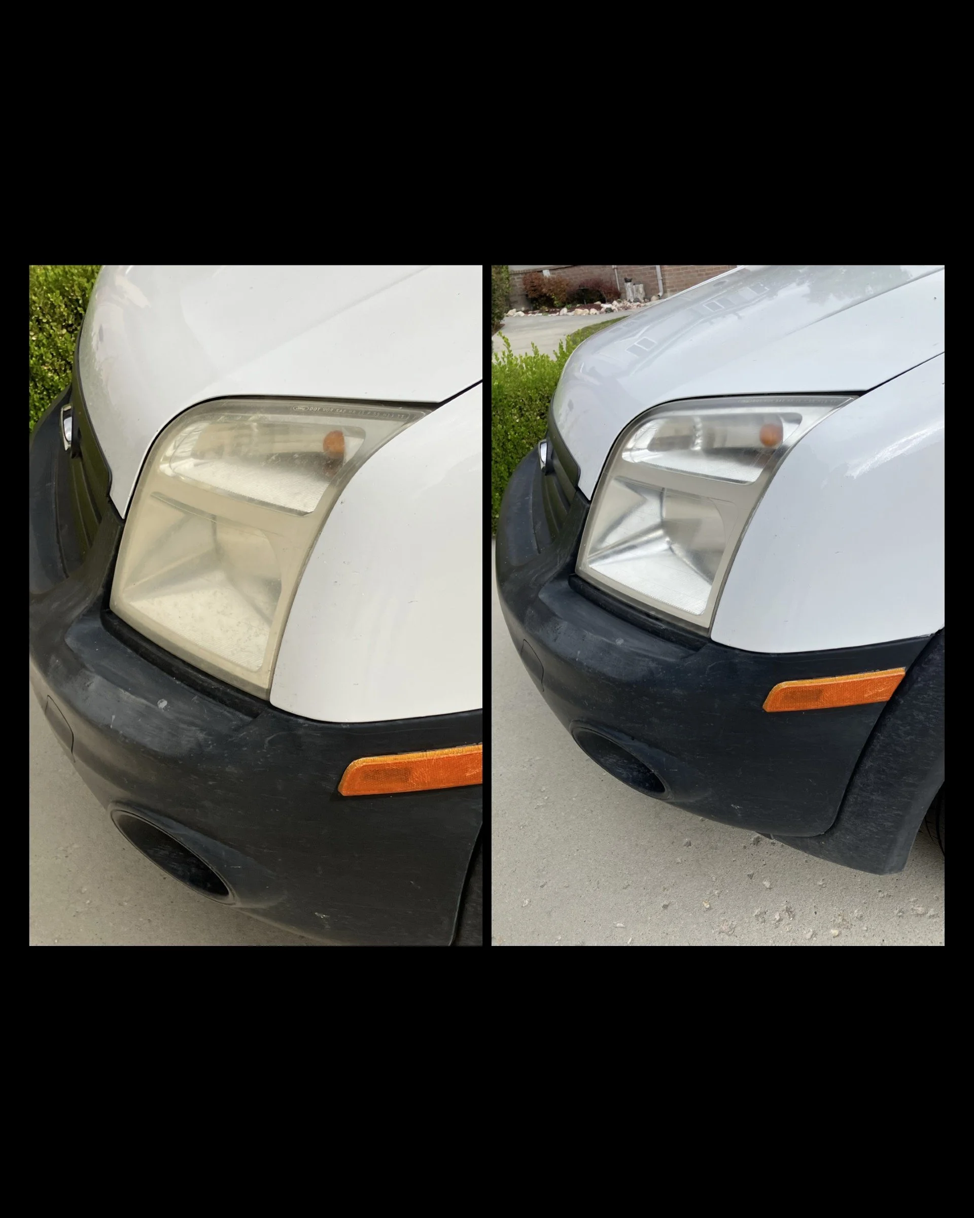 Comparison of a car's front headlight and bumper before and after cleaning, showing the headlights cleaner and clearer in the second image.
