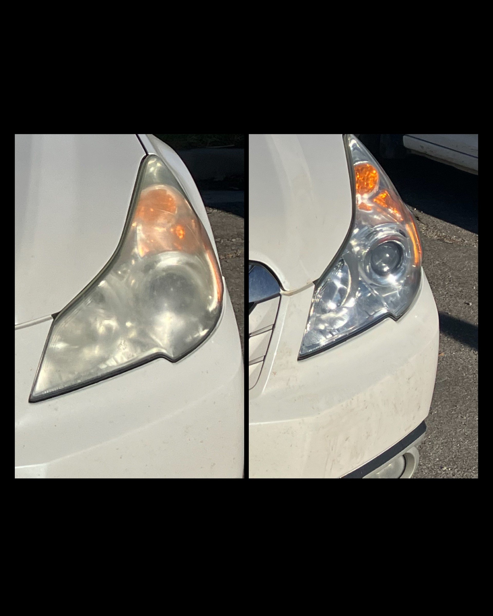 Comparison of two car headlights, one cloudy and yellowed, the other clear.