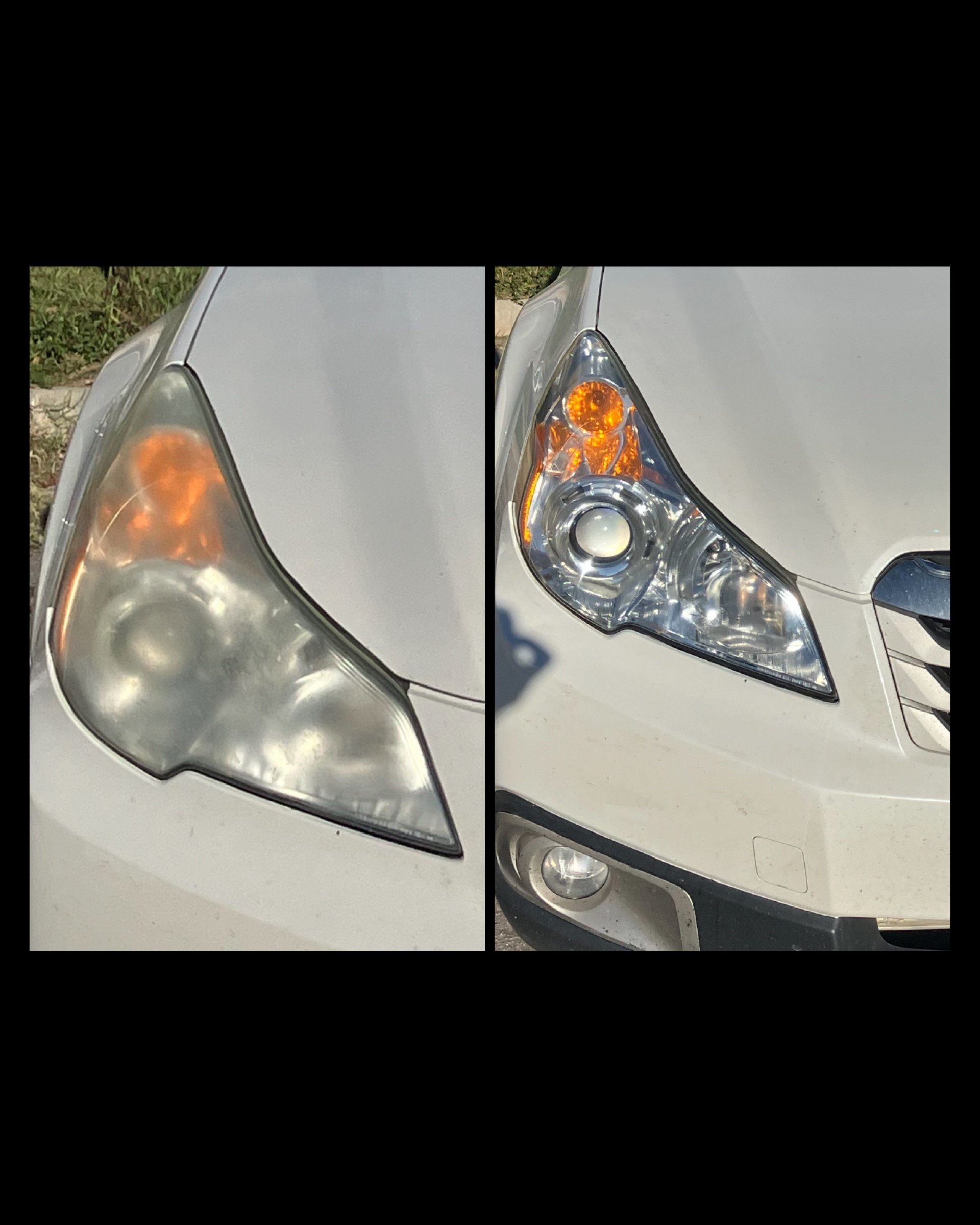 Side-by-side images of a silver car's front right headlight before and after restoration. The left image shows a cloudy, yellowed headlight. The right image shows a clear, restored headlight.