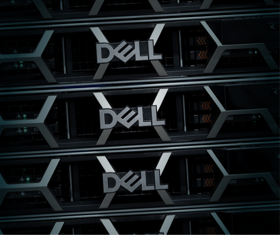 Server rack with a Dell logo on a server