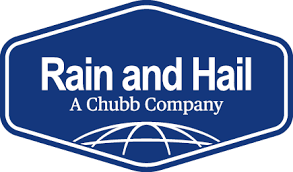 Sign for Rain and Hail, a Chubb insurance company, with a blue background and white text featuring a globe graphic.