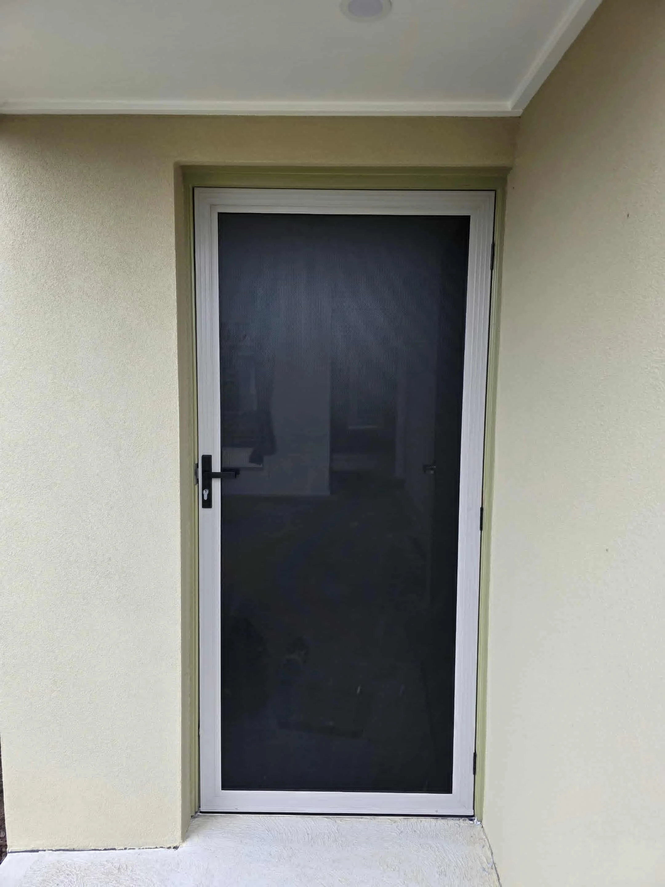 Exterior glass door with black frame and handle, surrounded by beige walls and white ceiling.
