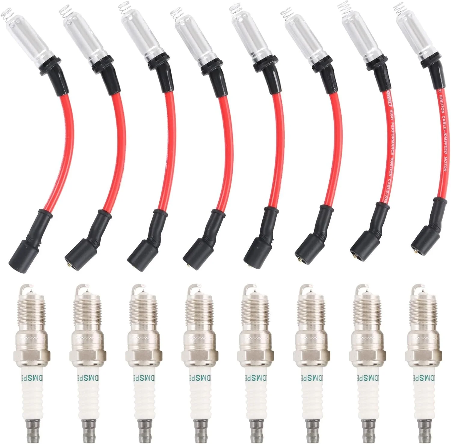 Eight red spark plug wires with black boots and plastic connectors, and ten silver spark plugs with white ceramic insulators lined up horizontally.