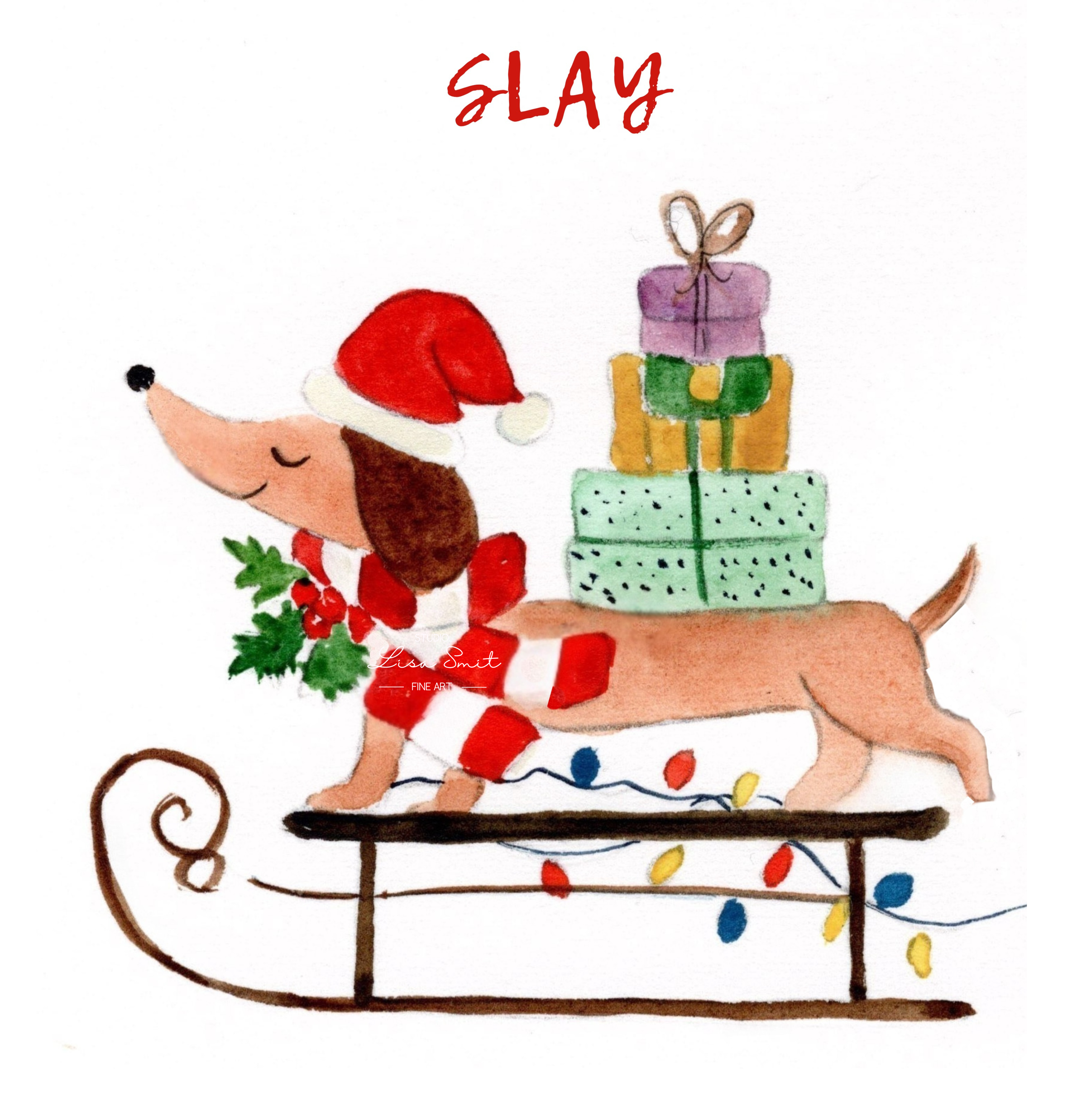 Slay teckel kerstkaart aquarel