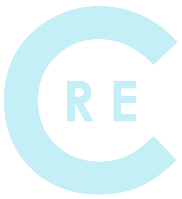 Logo with a large light blue letter C with a cut-out section, containing a smaller black circle with the white letters R and E inside.