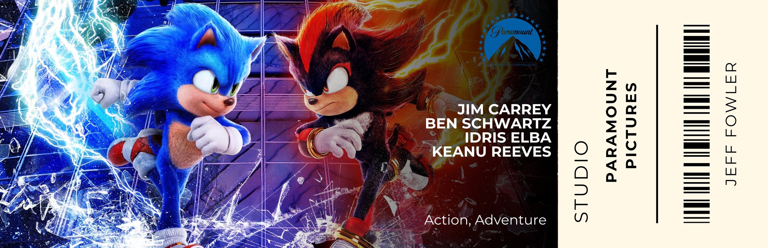 Movie ticket for Sonic the Hedgehog 2 with Sonic and Shadow characters, featuring lightning effects and action theme, with actor names listed.