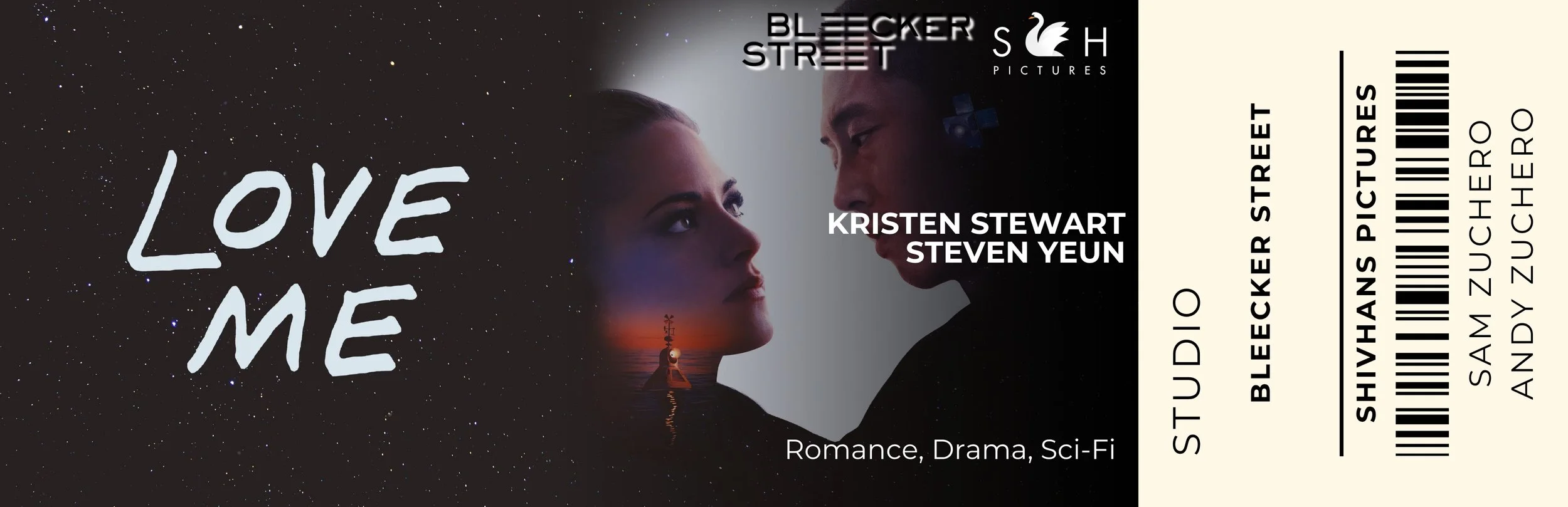 A movie ticket for the film "Love Me" featuring Kristen Stewart and Steven Yeun, with a background split between a starry night sky and a close-up of the two actors facing each other. The ticket includes genres Romance, Drama, Sci-Fi, and has barcodes and text indicating it is for a screening at the Shudder theater in San Diego, Cheero.