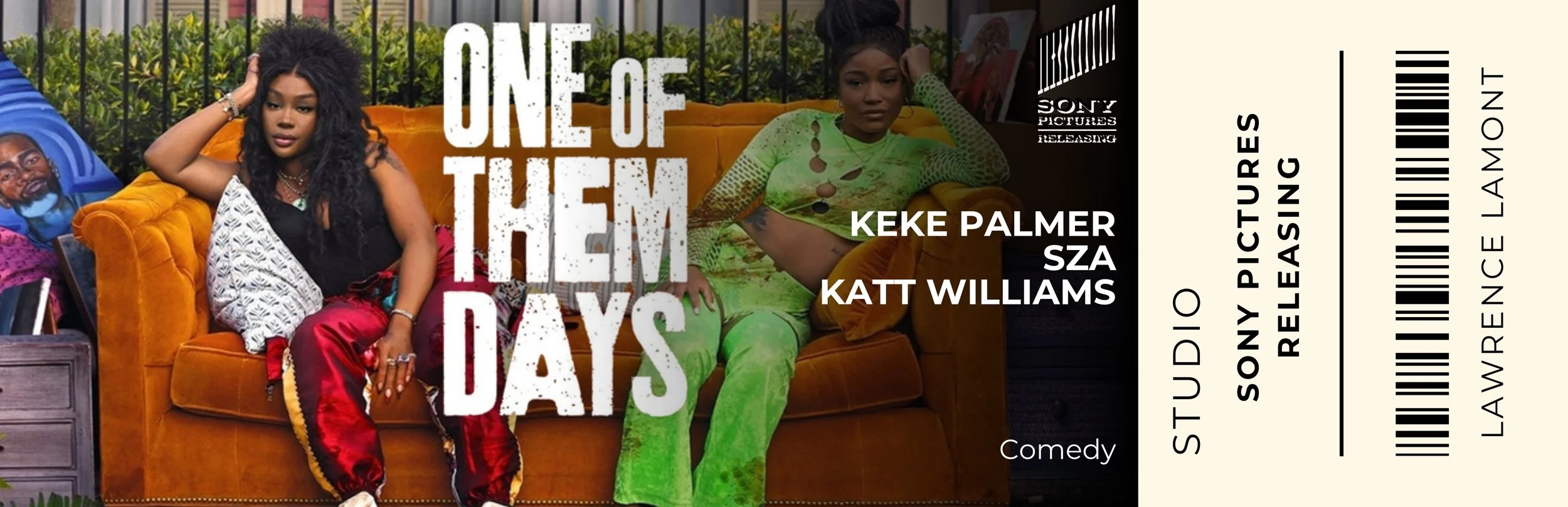Ticket stub for a comedy show titled 'One of Them Days,' featuring Keke Palmer and Katt Williams, with a background photo of two women sitting on a couch