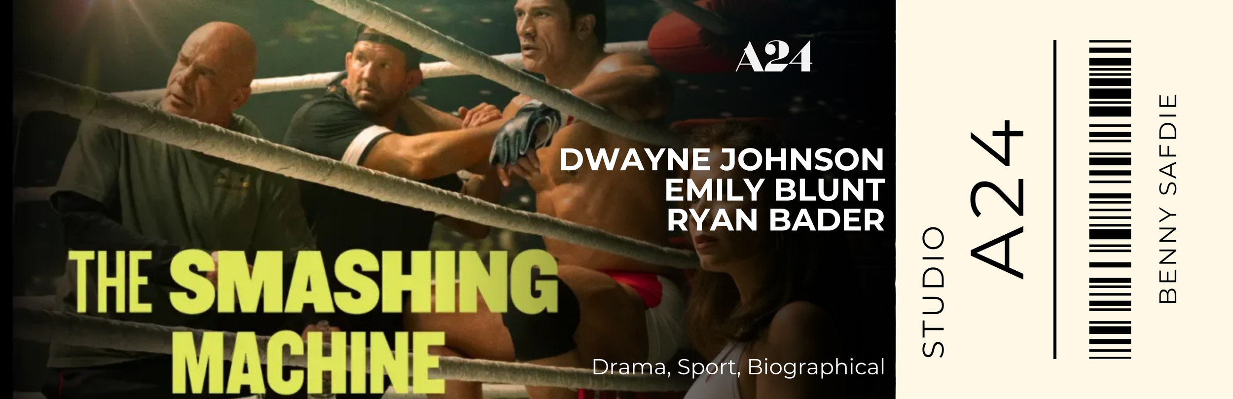 Image of a boxing match with fighters and a referee inside a boxing ring, with movie ticket details overlaid.