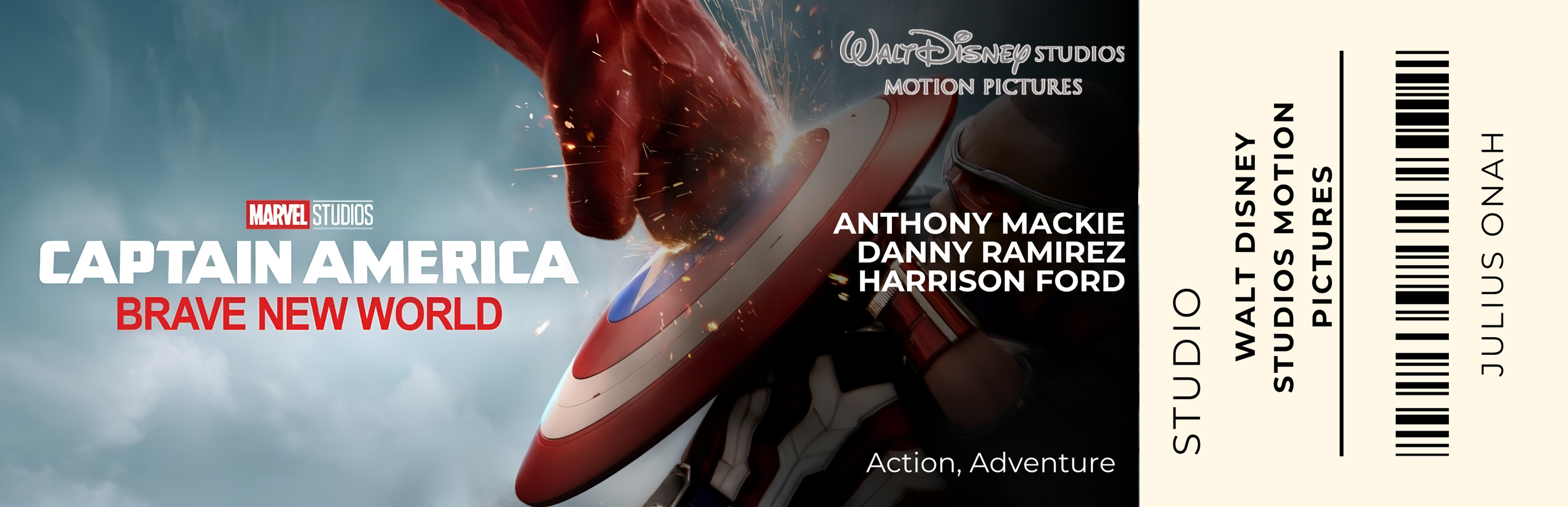 Movie ticket for Marvel Studios' Captain America: Brave New World showing a helmeted figure with a shield and sparks flying.