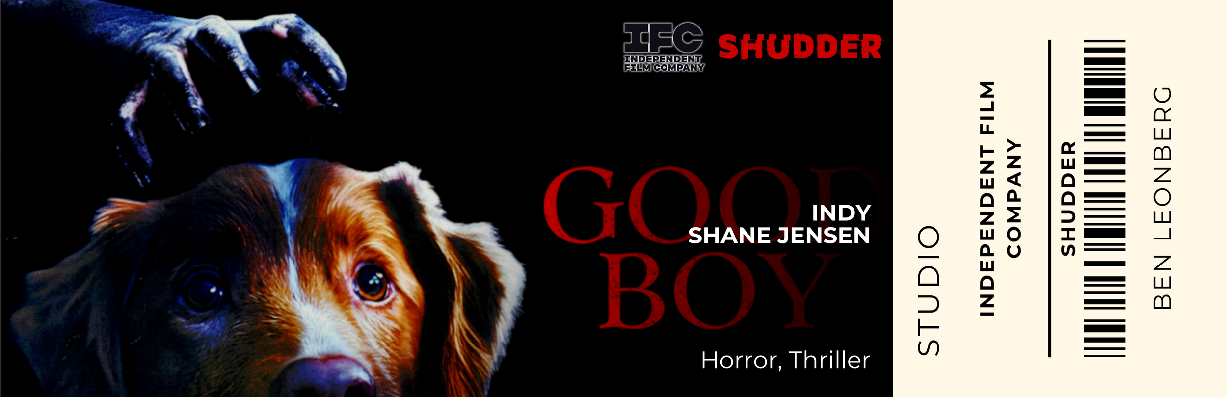 Dark movie poster featuring a close-up of a dog with wide eyes and a hand with black painted nails reaching down from the top left. The poster includes the title 'Good Boy' in large red letters, with the names Shane Jensen and Indy, and genres horror and thriller, along with a barcode and film details on the right side.