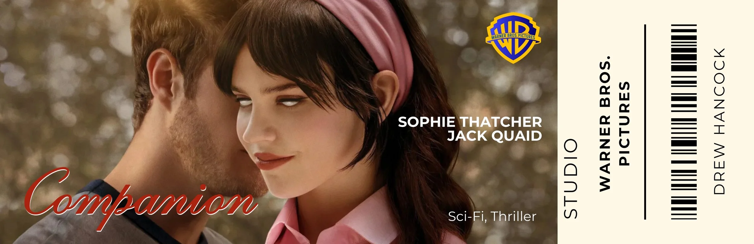 A ticket for the movie 'Companion' featuring Sophie Thatcher and Jack Quaid, rated 'Dramatic, Handcock', with a barcode and the Warner Bros. Pictures logo, showing a close-up of a man with red hair and a woman with dark hair and a pink headband.