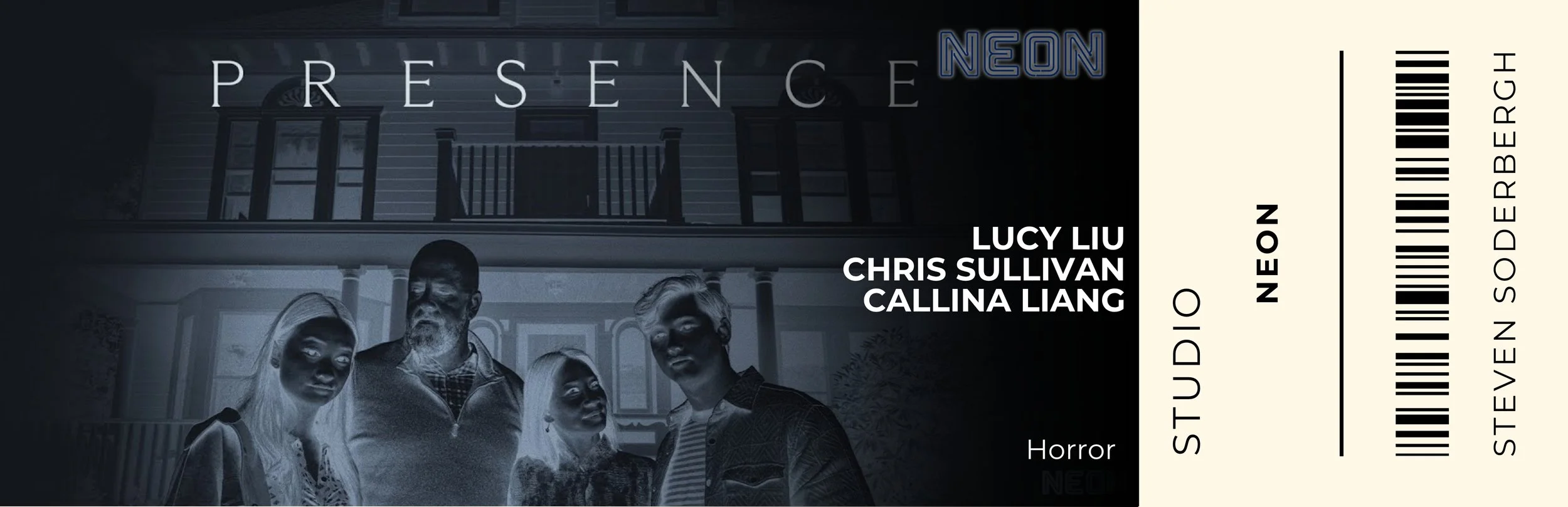 The image shows a promotional poster for a horror film titled 'Neon.' It features four people in front of a house, with the house partially visible in the background. The poster includes the names Lucy Liu, Chris Sullivan, and Callina Liang. There is also a ticket-like element on the right side with barcode lines and text, and the word 'Neon' appears twice, once in neon style at the top right.