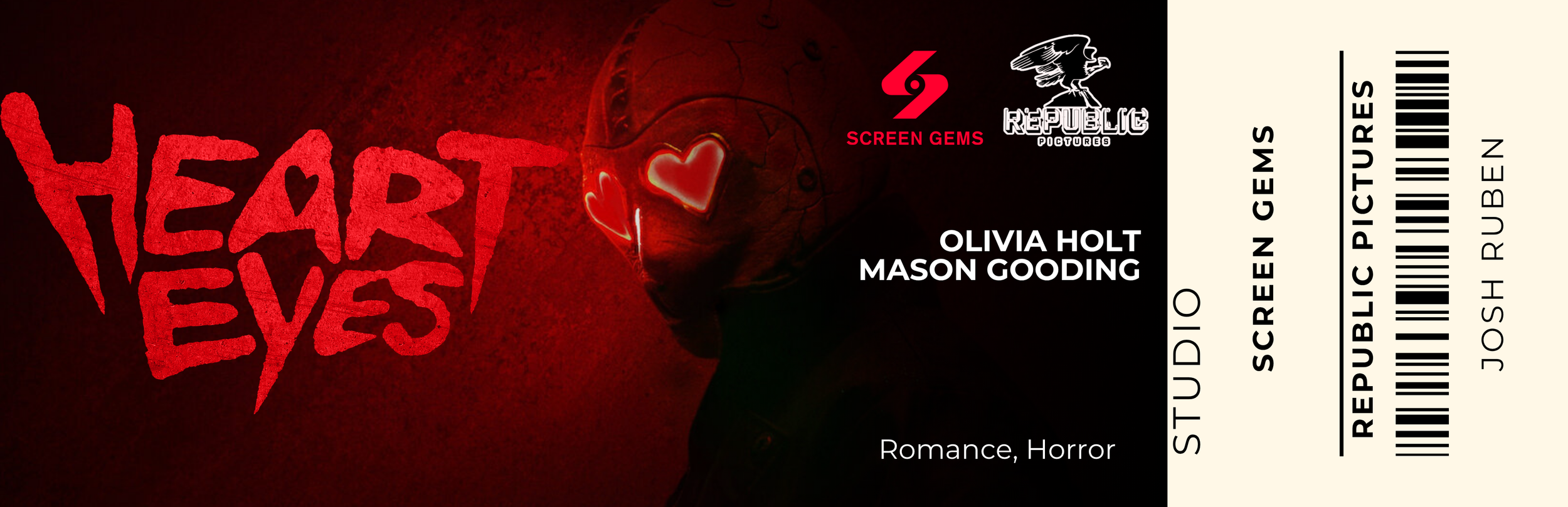 Movie ticket for 'Heart Eyes,' featuring a dark background with red and white text, and an illustration of a person with heart-shaped eyes.