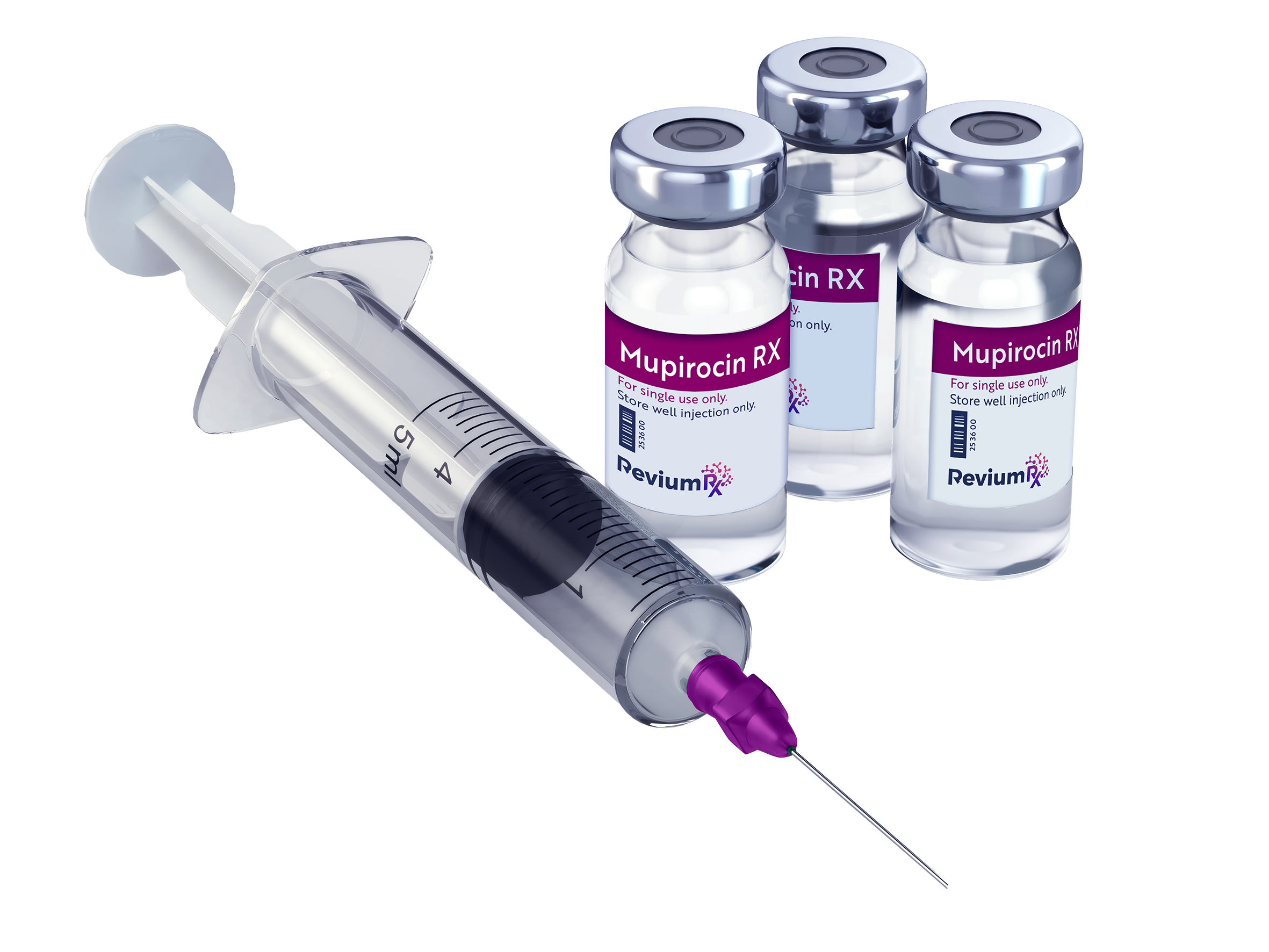 Three vials of NanoMupirocin RX medication and a syringe with a purple needle cap.
