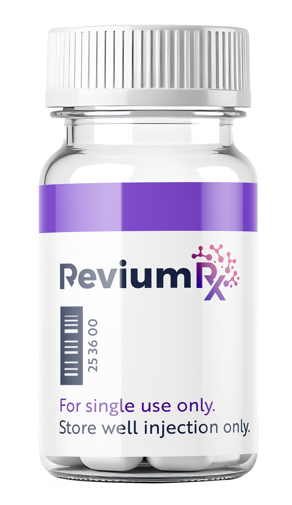 A prescription medication bottle labeled ReviaRx with a purple and white design. The label indicates it is for single use only and should be stored well. The bottle has a child-resistant cap and contains pills.