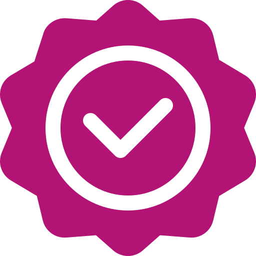 A purple badge with a checkmark inside a circle at the center.