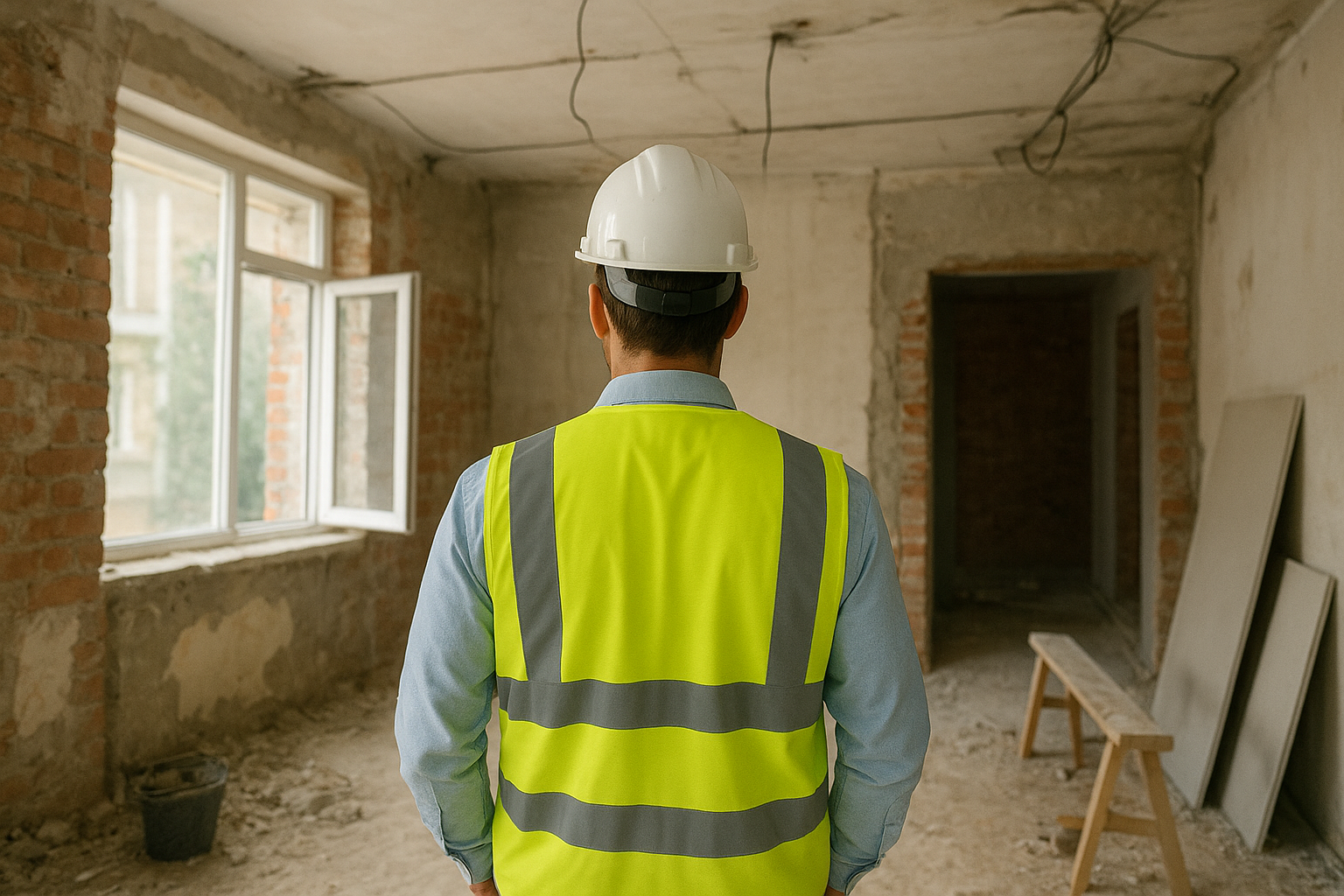 Ingegnere o manager edile in cantiere, vista di schiena, con casco e gilet giallo fluo, che osserva una stanza in costruzione con pareti di mattoni, finestre e materiali da costruzione.