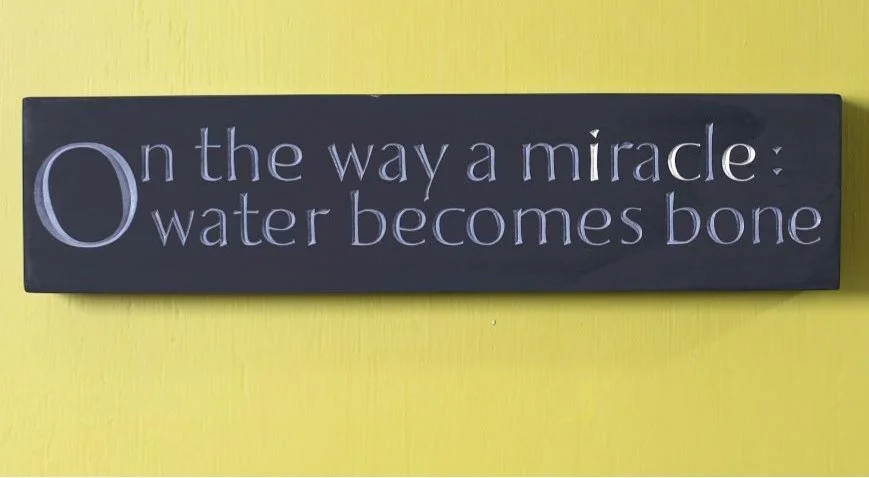 Decorative black sign with white text that reads, 'On the way a miracle, water becomes bone,' mounted on a yellow wall.