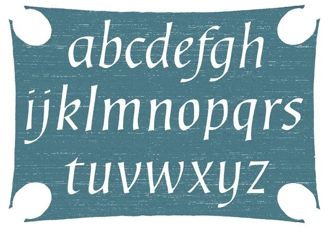 Handwritten lowercase alphabet letters on a textured teal background with decorative white corner accents.