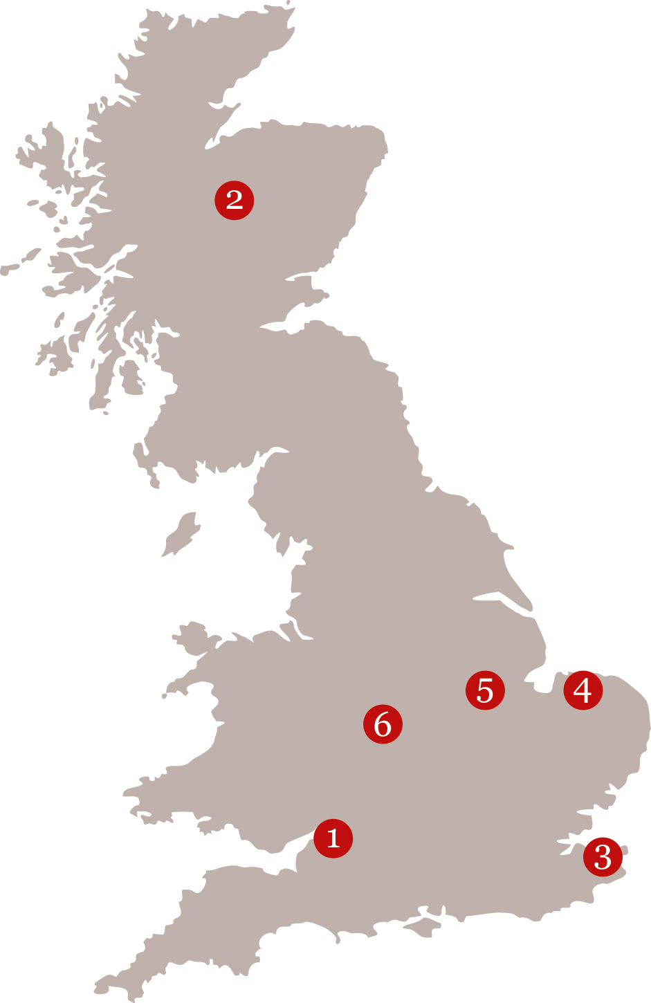 Map of the United Kingdom with six numbered locations marked in red.