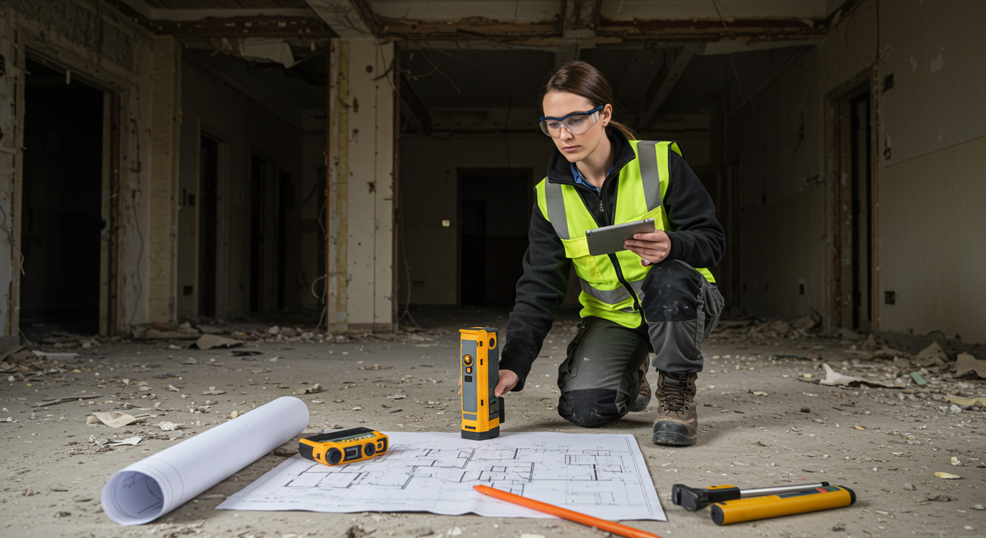 Female construction worker in a high-visibility vest and safety goggles kneeling on the floor of a building under renovation, using a laser distance meter to measure a blueprint spread out on the ground.