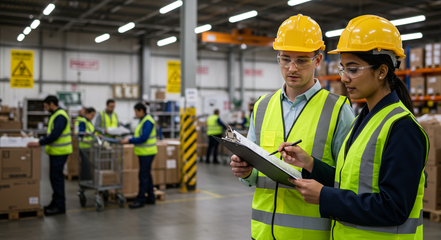 Two warehouse workers wearing yellow safety helmets and reflective vests, reviewing documents on a clipboard.