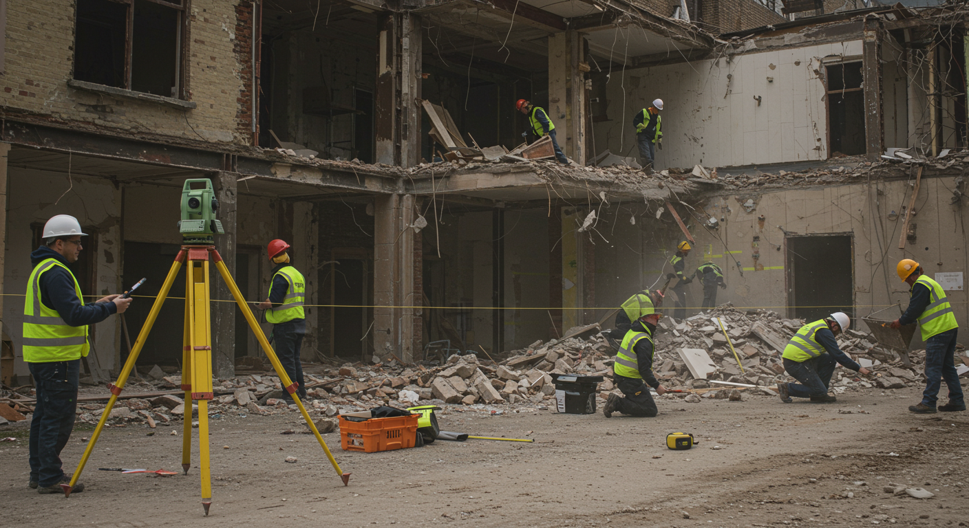 Construction workers wearing safety vests and helmets working on a partially demolished building. Some workers are on the ground, while others are on the second floor, using tools amidst debris.