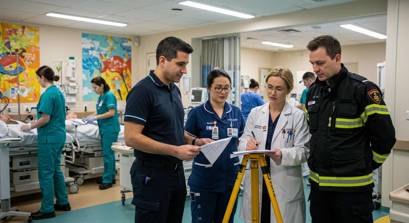 Medical professionals and emergency personnel discussing in a hospital room with patients and hospital staff in the background.