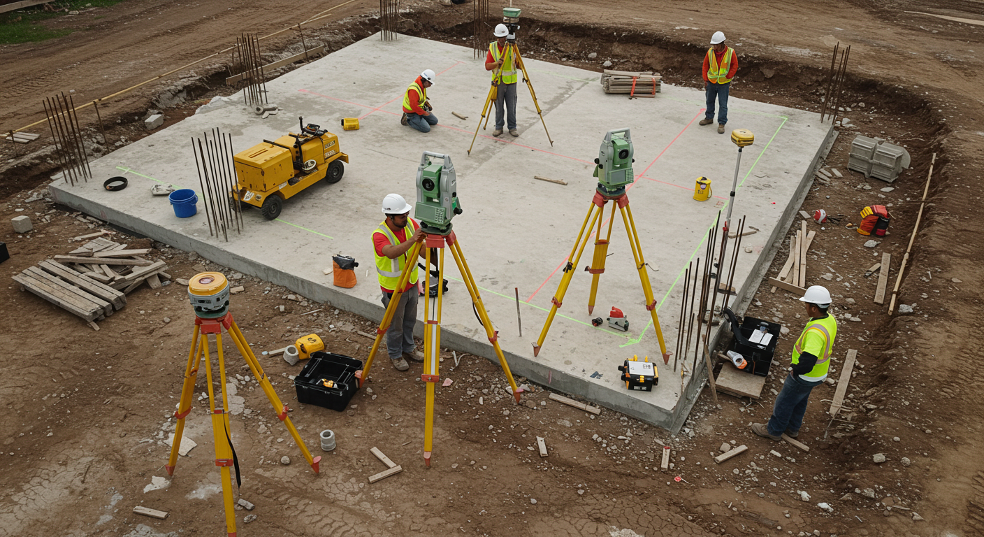 Construction workers on a building foundation, using surveying equipment and various tools, with marked boundaries on the concrete slab.
