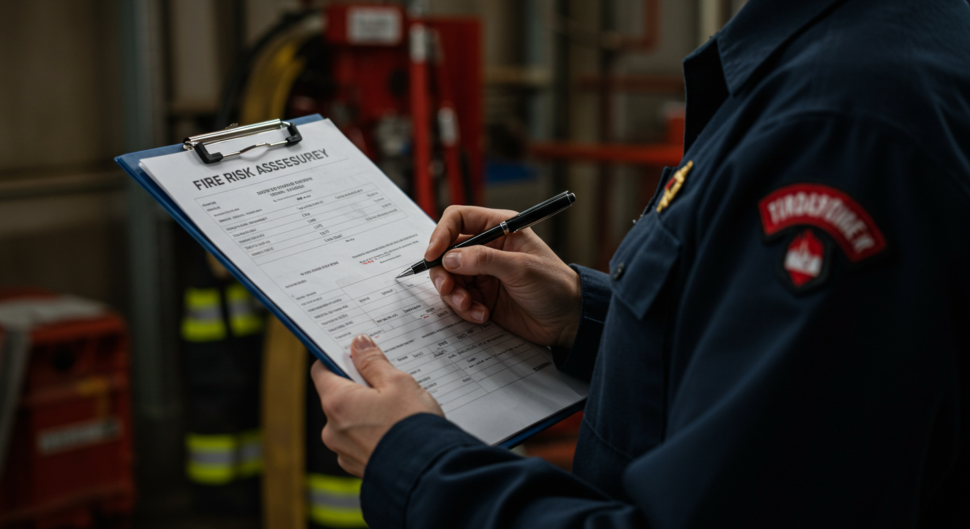 A firefighter writes on a fire risk assessment form in a fire station fire safety room.