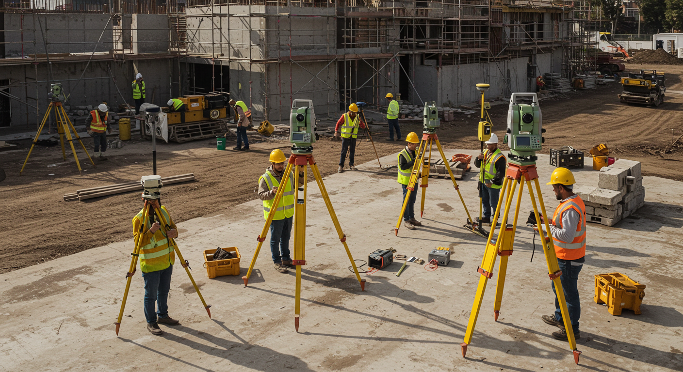 Construction workers in safety vests and helmets operating surveying equipment on a building site.