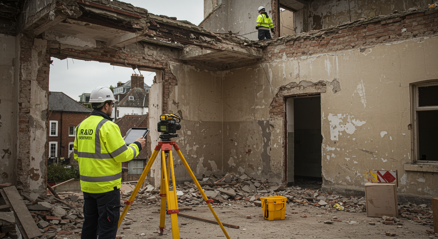 Construction workers inspecting a partially demolished building with debris on the ground, using a tripod-mounted laser scanner, with one worker on the upper floor and another on the ground.