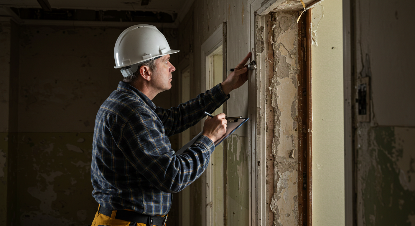 A construction worker wearing a white hard hat and plaid shirt inspecting a doorway with peeling paint and exposed wall framing, while taking notes on a clipboard.