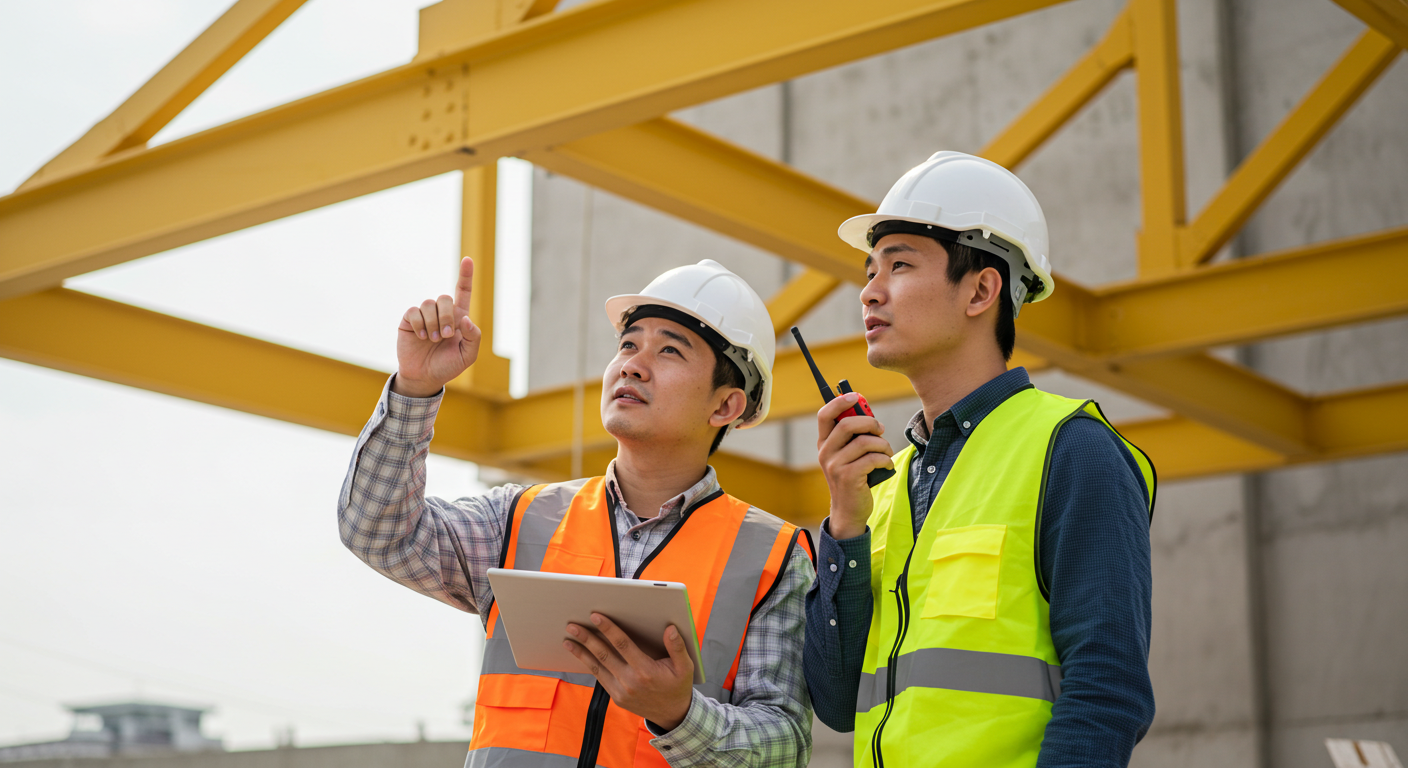 Two construction workers in safety vests and hard hats on a construction site, discussing work with one holding a tablet and the other speaking into a walkie-talkie.
