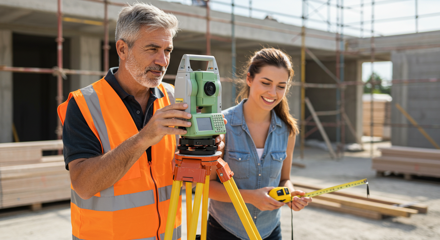 Two construction workers at a building site, one older man and a young woman, using a total station and a tape measure.