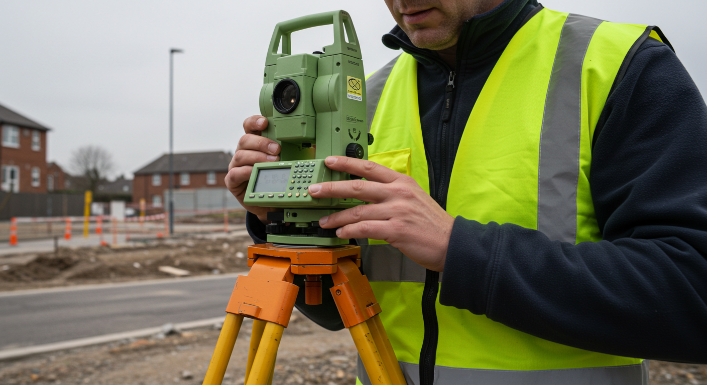 A construction worker wearing a yellow safety vest and black jacket operating a total station surveying instrument at a construction site, with houses in the background.