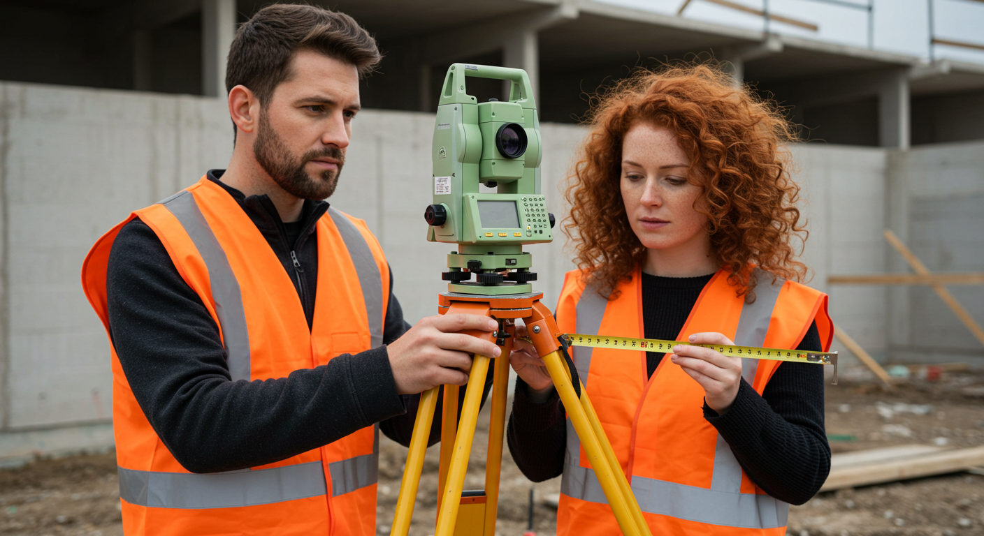 Two construction workers, a man and a woman, wearing orange safety vests, operate a robotic total station at a construction site.