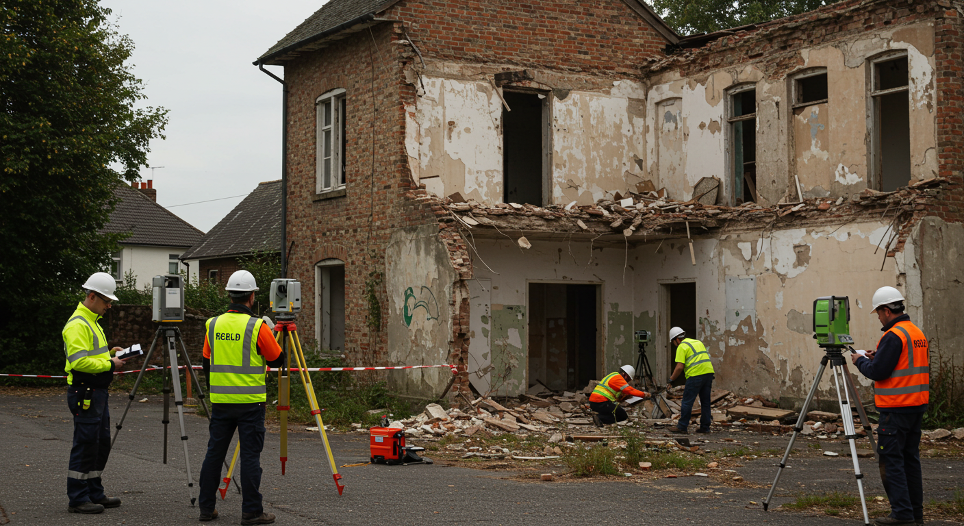 Construction workers and engineers inspecting and surveying a damaged building with a partially collapsed wall and exposed interior walls using measurement equipment and tripods.